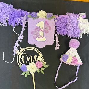Purple and White Birthday Party Set 1st Birthday 3 piece set cake topper hat